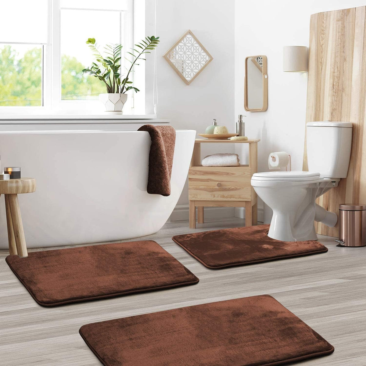 Bath Mat Set 3 Pieces Memory Foam Velvet Grey Non-slip Bathroom Shower Toilet Mats Absorbent Soft Washable | Sansoti