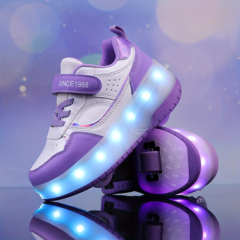 LED Roller Sneakers Children USB Rechargeable Purple With Wheels Light Shoes Removable Wheels Sneakers For Indoor Outdoor | Sansoti