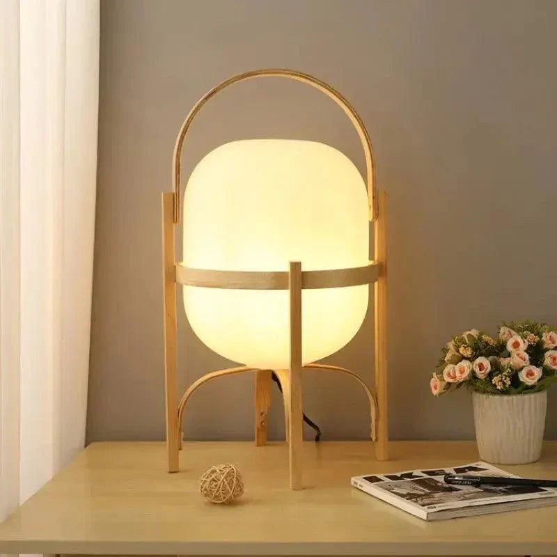 Lampa stołowa, drewno i szkło opalowe, naturalna, 3 rozmiary, salon, sypialnia, oświetlenie nastrojowe, lampa stojąca, Japandi, styl skandynawski | Sansoti