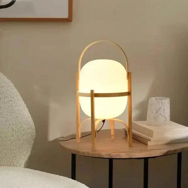 Lampa stołowa, drewno i szkło opalowe, naturalna, 3 rozmiary, salon, sypialnia, oświetlenie nastrojowe, lampa stojąca, Japandi, styl skandynawski | Sansoti