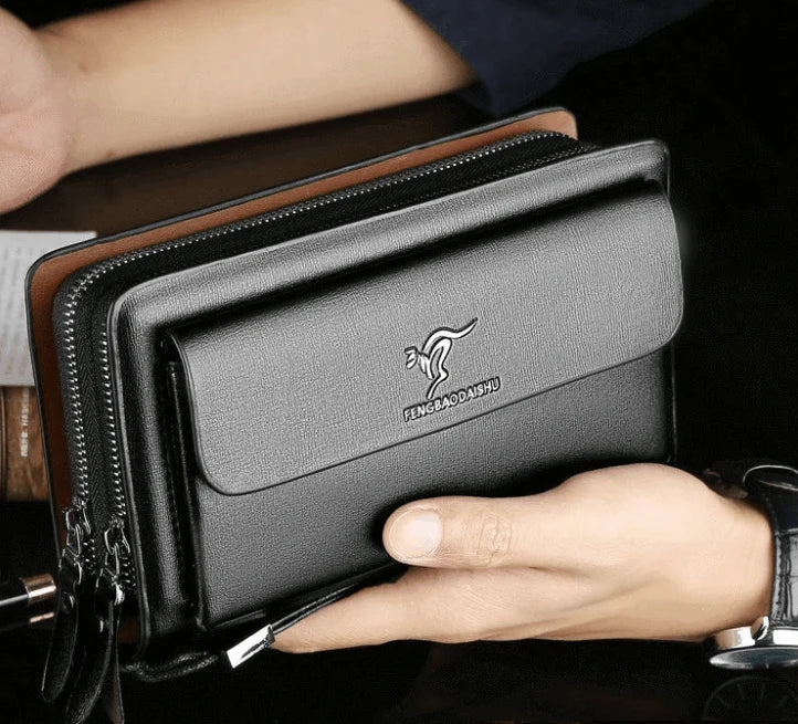 Kompakte Herren-Clutch mit Handschlaufe, Schwarz, Braun, Kunstleder, Fächer, Kartenetui, Portemonnaie, Organizer, Reißverschluss | Sansoti