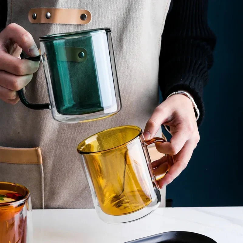 Tasse à café thermique en verre à double paroi 350ml, mug isotherme pour thé, latte et cappuccino avec poignée ergonomique | Sansoti