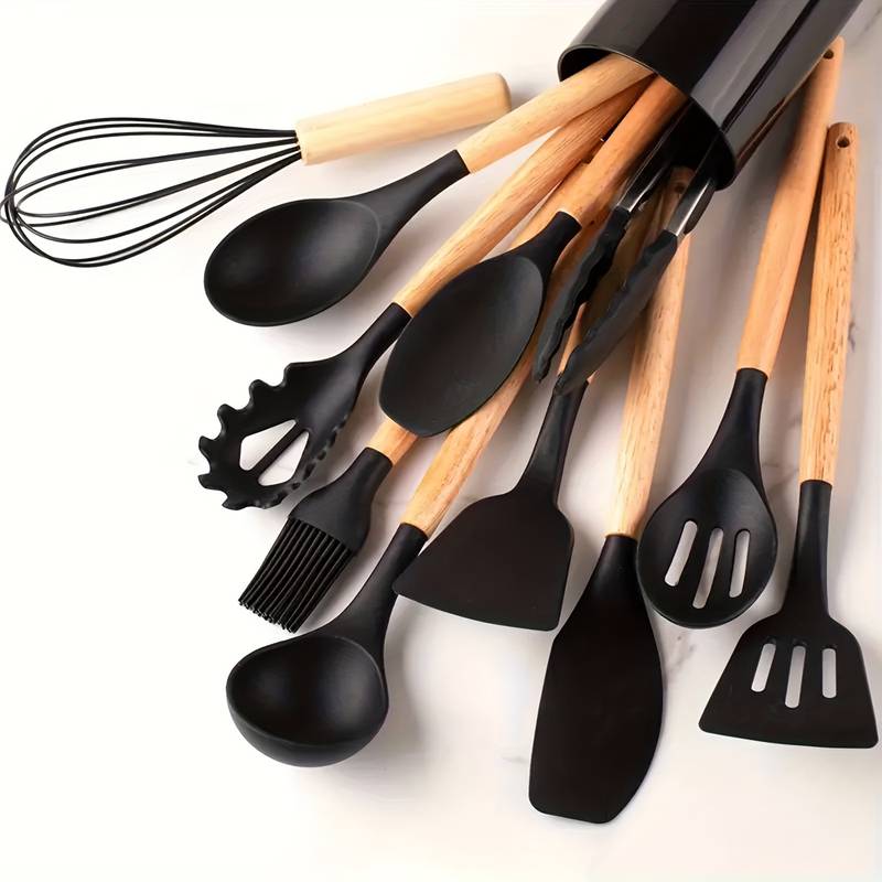 12-piece Silicone Kitchen Utensil Set with Wooden Handles | Sansoti