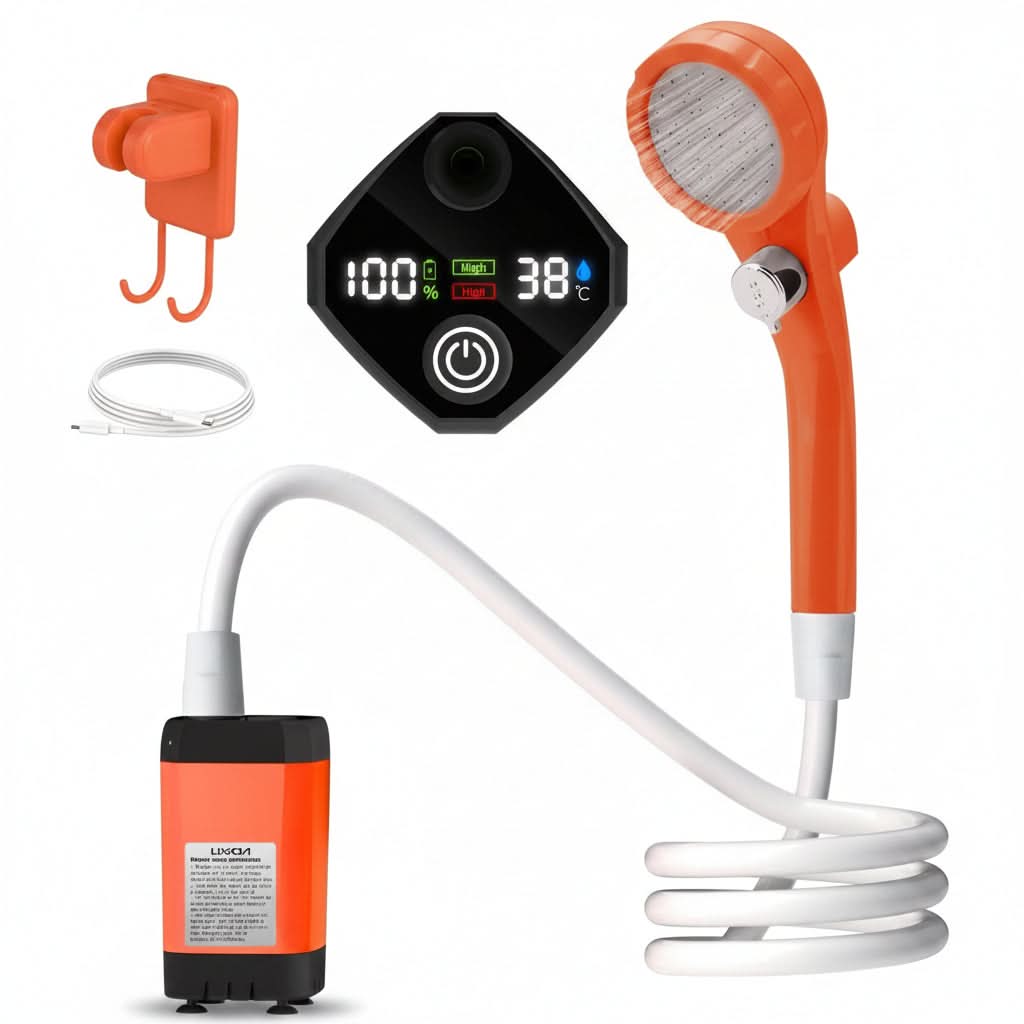Portable Camping Shower with Digital Display, Rechargeable 6000mAh Battery and Adjustable Spray for Travel and Camping | Sansoti