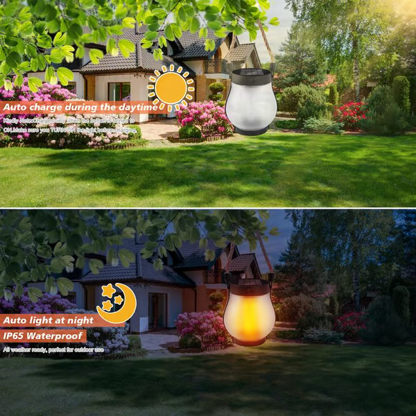 Solar Garden Lantern with Flickering Flame Effect Outdoor Lighting Rechargeable Decorative Metal Bronze Garden | Sansoti