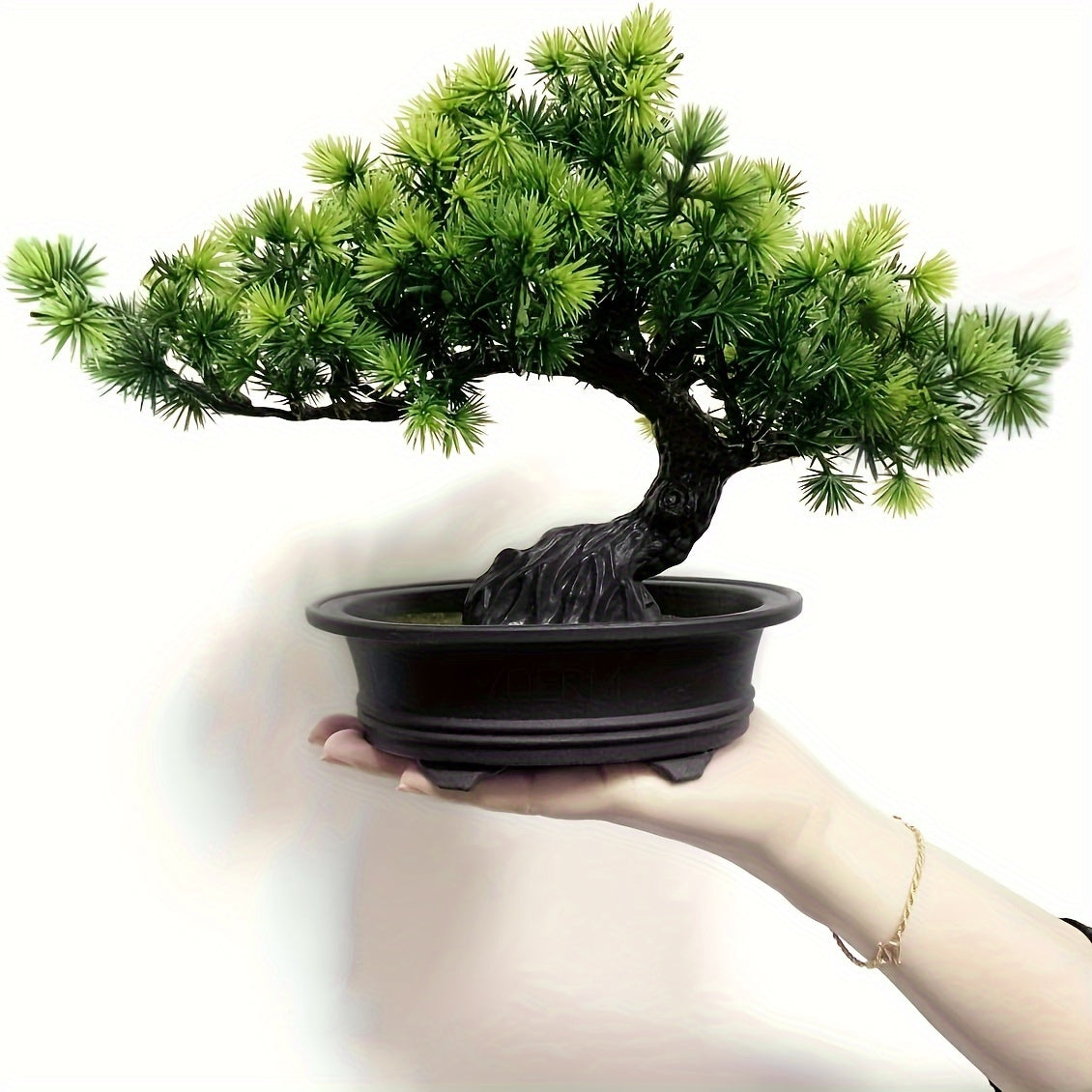 Kunstbonsai 24 cm met Zwarte Pot Realistische Dennennaalden Decoratief Groen voor Vensterbank Bureau Woonkamer | Sansoti