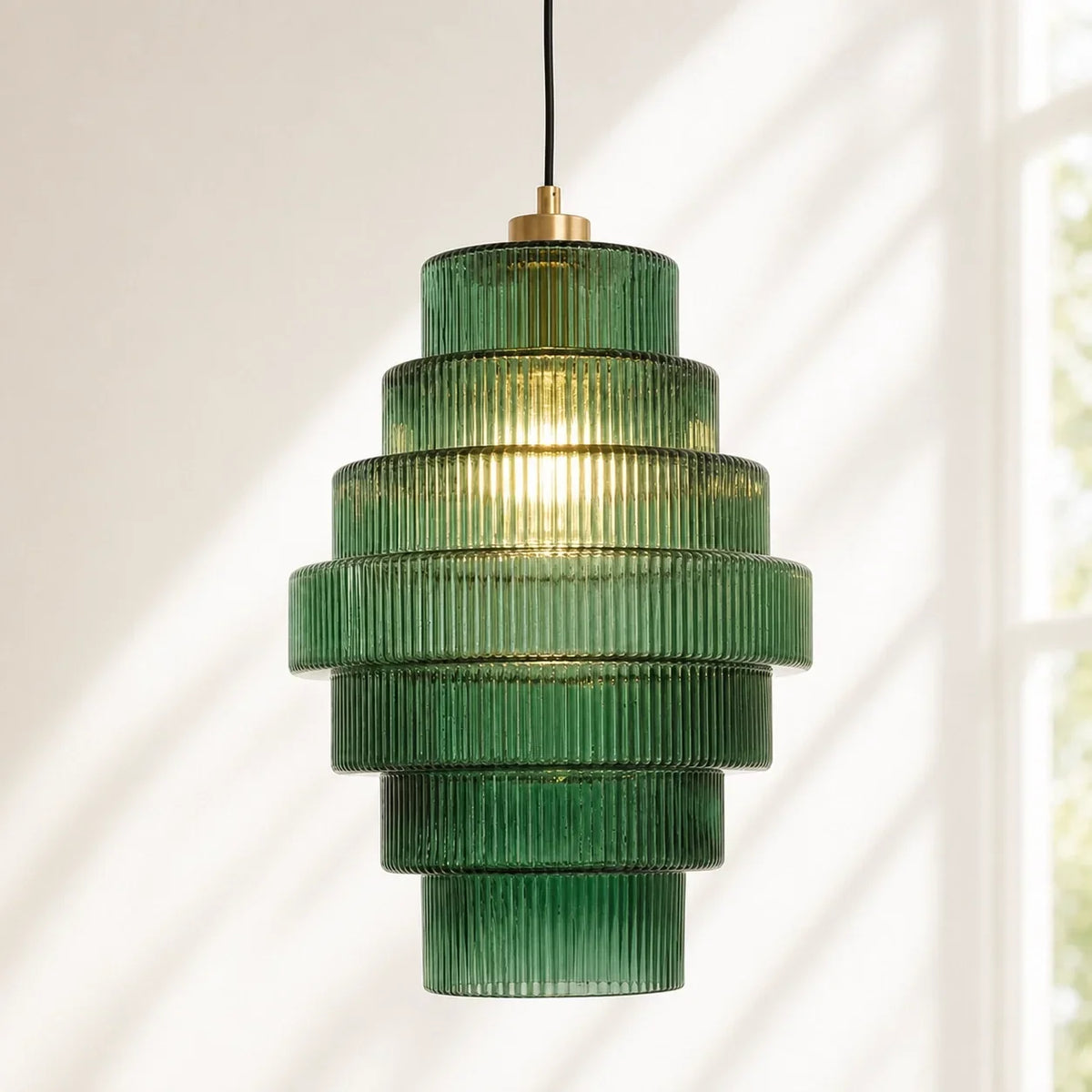 Gerippte Glas-Hängeleuchte mit geschichtetem Flaschendesign, E27, 22 cm, Essbereich-Deckenbeleuchtung im Vintage-Stil für das Wohnzimmer | Sansoti
