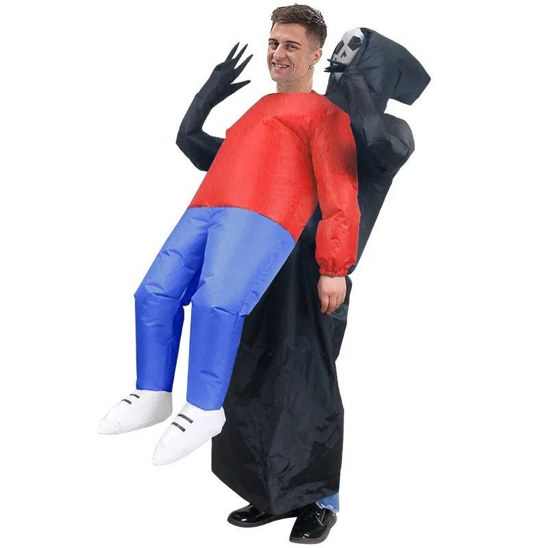 Opblaasbaar Magere Hein Kostuum met Capuchon Halloween Feest Outfit Volwassenen Doodskop Zwart Carnaval | Sansoti