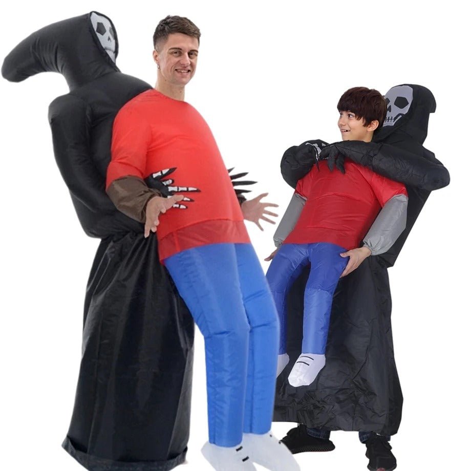 Opblaasbaar Magere Hein Kostuum met Capuchon Halloween Feest Outfit Volwassenen Doodskop Zwart Carnaval | Sansoti