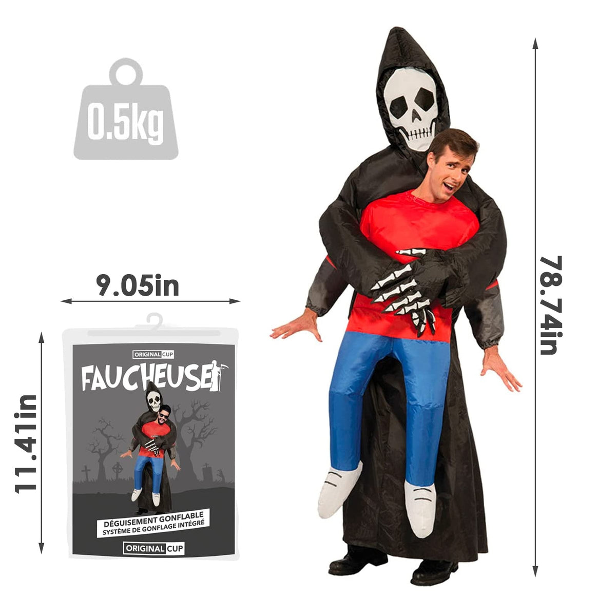 Opblaasbaar Magere Hein Kostuum met Capuchon Halloween Feest Outfit Volwassenen Doodskop Zwart Carnaval | Sansoti