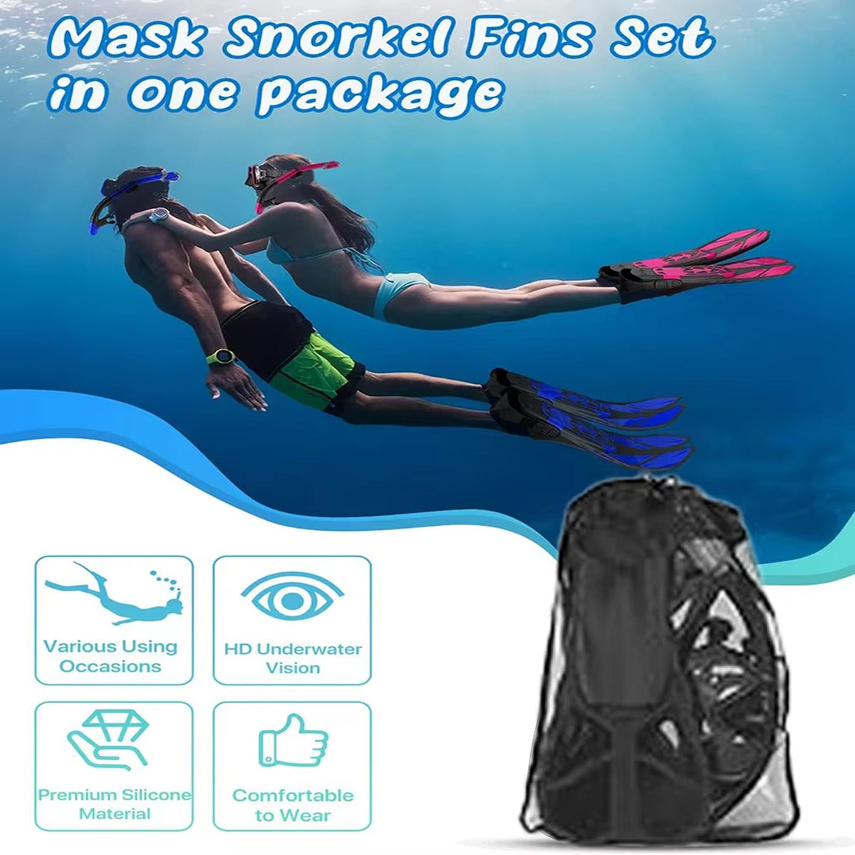 Snorkel Set with Panoramic Mask Fins and Dry Snorkel for Diving Swimming Underwater Exploration Snorkeling | Sansoti