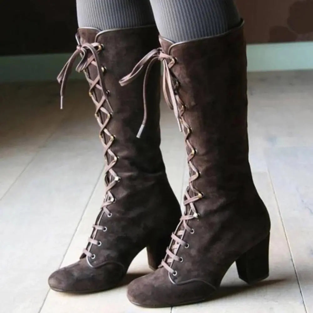 Kniehoge Dames Laarzen Spitse Neus Hoge Hak Strik Wolvilt Zwart Blauw Bruin Winterschoeisel Elegant Warm | Sansoti