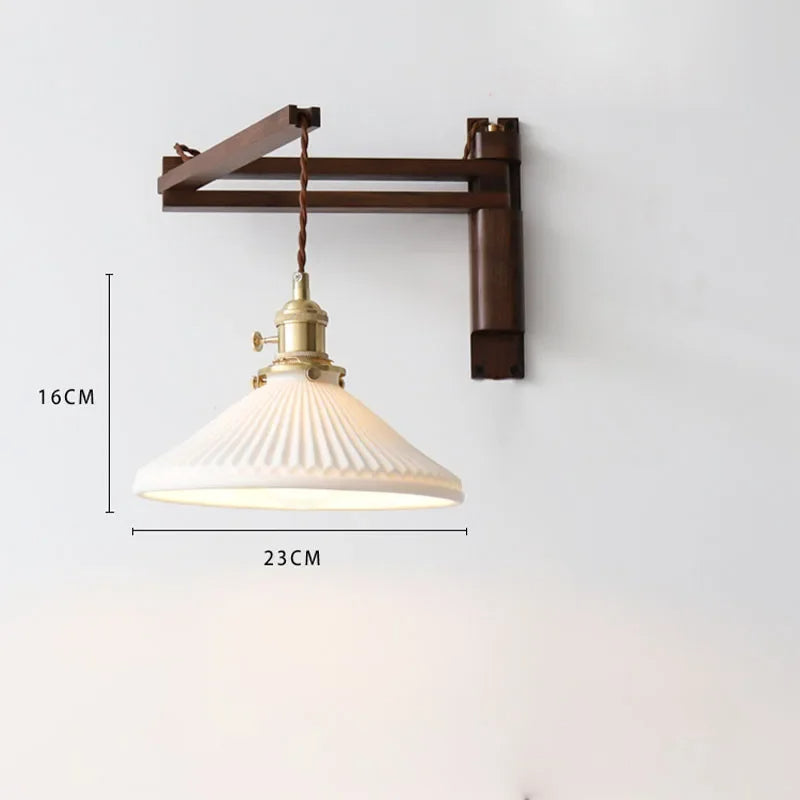 Adjustable Wooden Wall Lamp with Ceramic Shade – Rustic Style with Push Button Switch | Sansoti