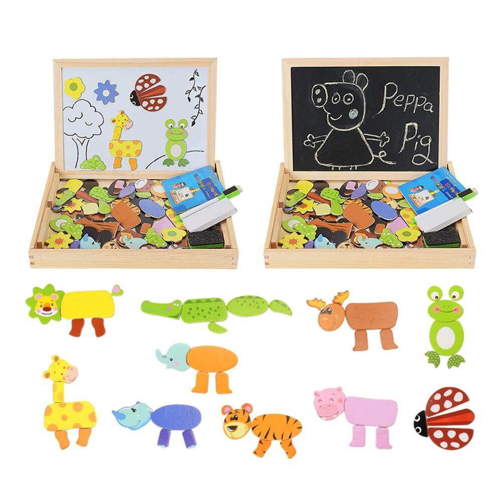 Magnetisches Zeichen- und Puzzlebrett aus Holz – beidseitiges Whiteboard und Schultafel – pädagogisches Spielzeug mit magnetischen Teilen – 30x23x3 cm | Sansoti