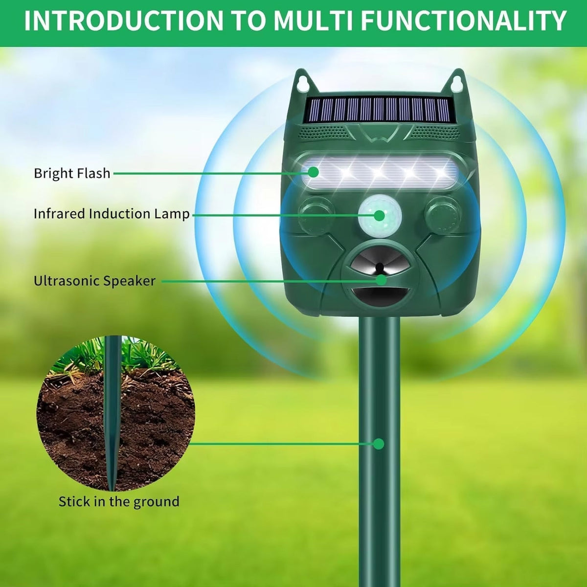 Zonne-energie Dierenverjager met Ultrasone Golven voor Tuin Terras Oprit 110m² Bereik Waterdicht IP65 | Sansoti