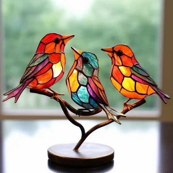 Glass Bird Sculpture with Colorful Branches for Table and Cabinet Decoration, Nature-Inspired, Atmospheric Living Room | Sansoti
