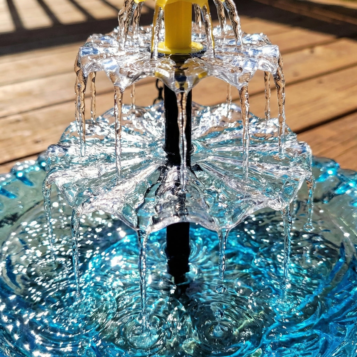 Hängender Sonnenvogel-Trinkbrunnen Glas 2-stufig 25,5cm Garten Terrasse Balkon Solar Kabellos Vogelbad Wasserfall Blau Rosa Schwarz | Sansoti