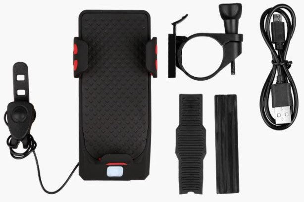 Soporte para manillar de bicicleta 4 en 1 soporte para teléfono batería externa luz LED claxon 4000mAh todos los smartphones | Sansoti
