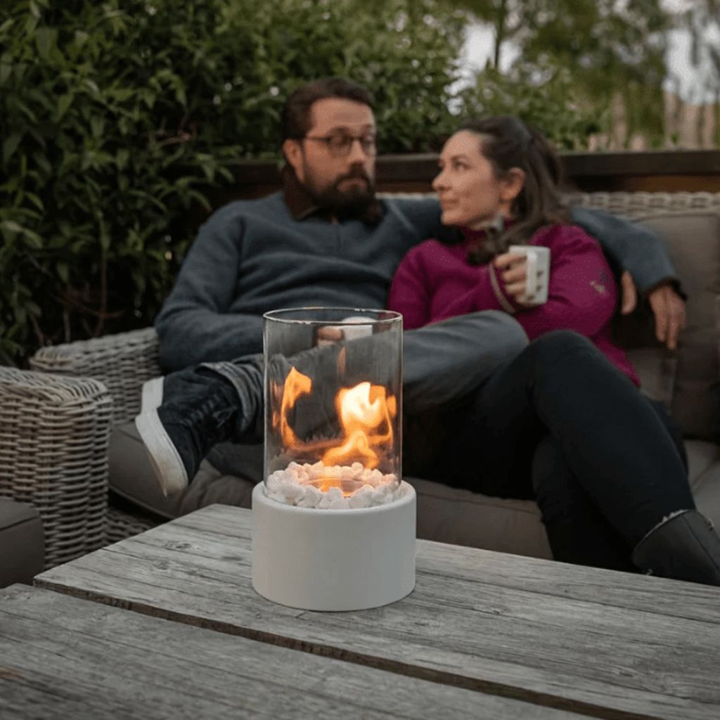 Brasero de table Cylindre en verre Marbre Bioéthanol Intérieur Extérieur Terrasse Salle à manger Hygge Éclairage d’ambiance Cheminée décorative | Sansoti