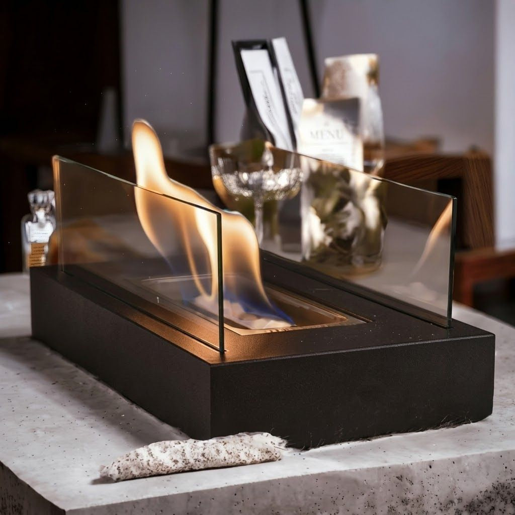 Rectangular Tabletop Fire Pit Tempered Glass Bioethanol Ambient Heating Indoor Outdoor Portable Modern Design | Sansoti