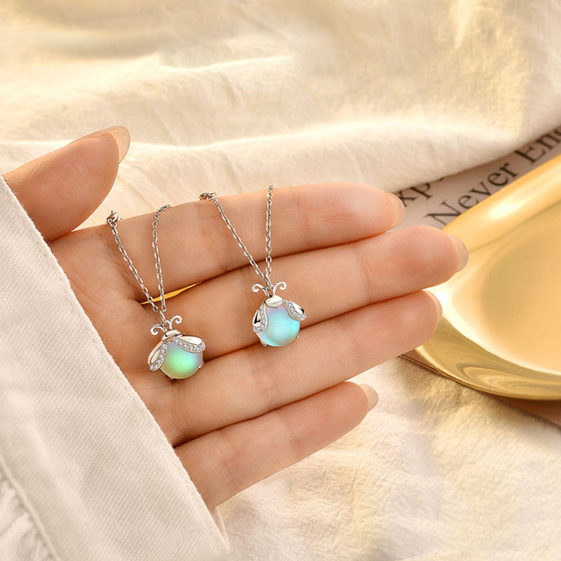 Glowing Moonstone Necklace with Firefly Motif Silver-Plated Pendant | Sansoti