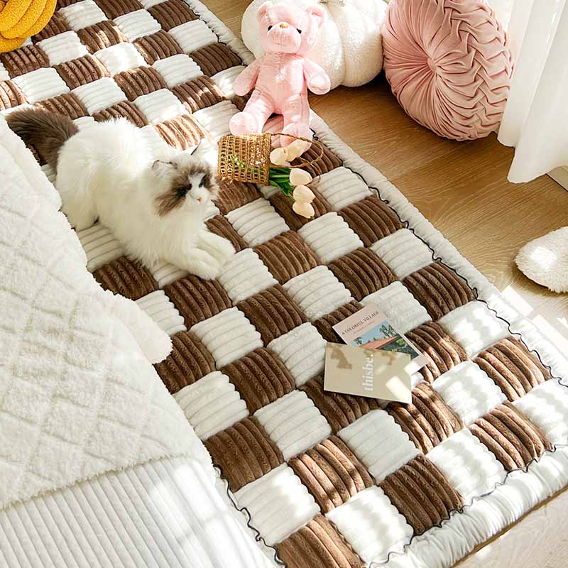 Plush Pet Dog Blanket Square Checked Deep Sleep Mat Sofa Protector Throw Cream-Colored Dog Cat | Sansoti