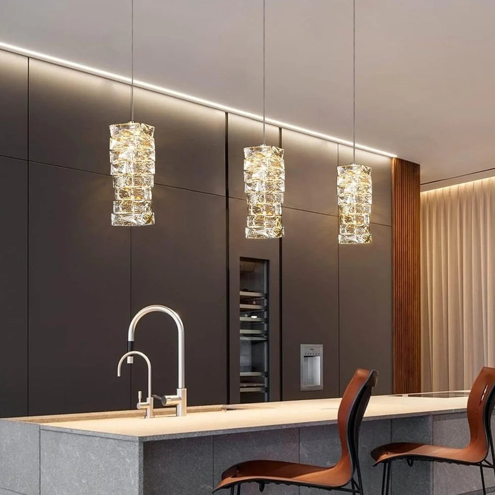 Lampa wisząca, kryształowe ułożone kostki lodu, LED, złoto i chrom, lampa nastrojowa, bar, jadalnia, nowoczesna | Sansoti