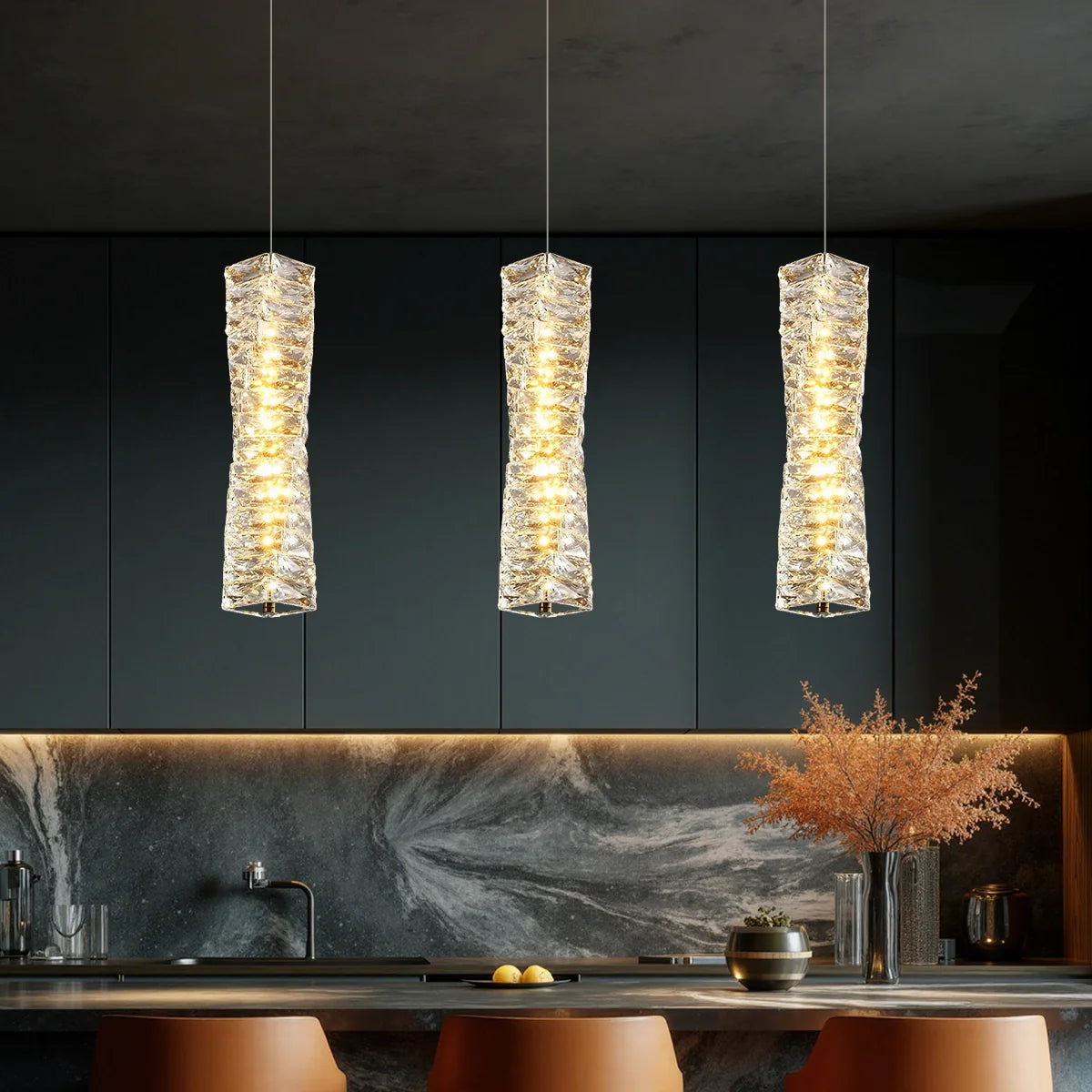 Lampa wisząca, kryształowe ułożone kostki lodu, LED, złoto i chrom, lampa nastrojowa, bar, jadalnia, nowoczesna | Sansoti