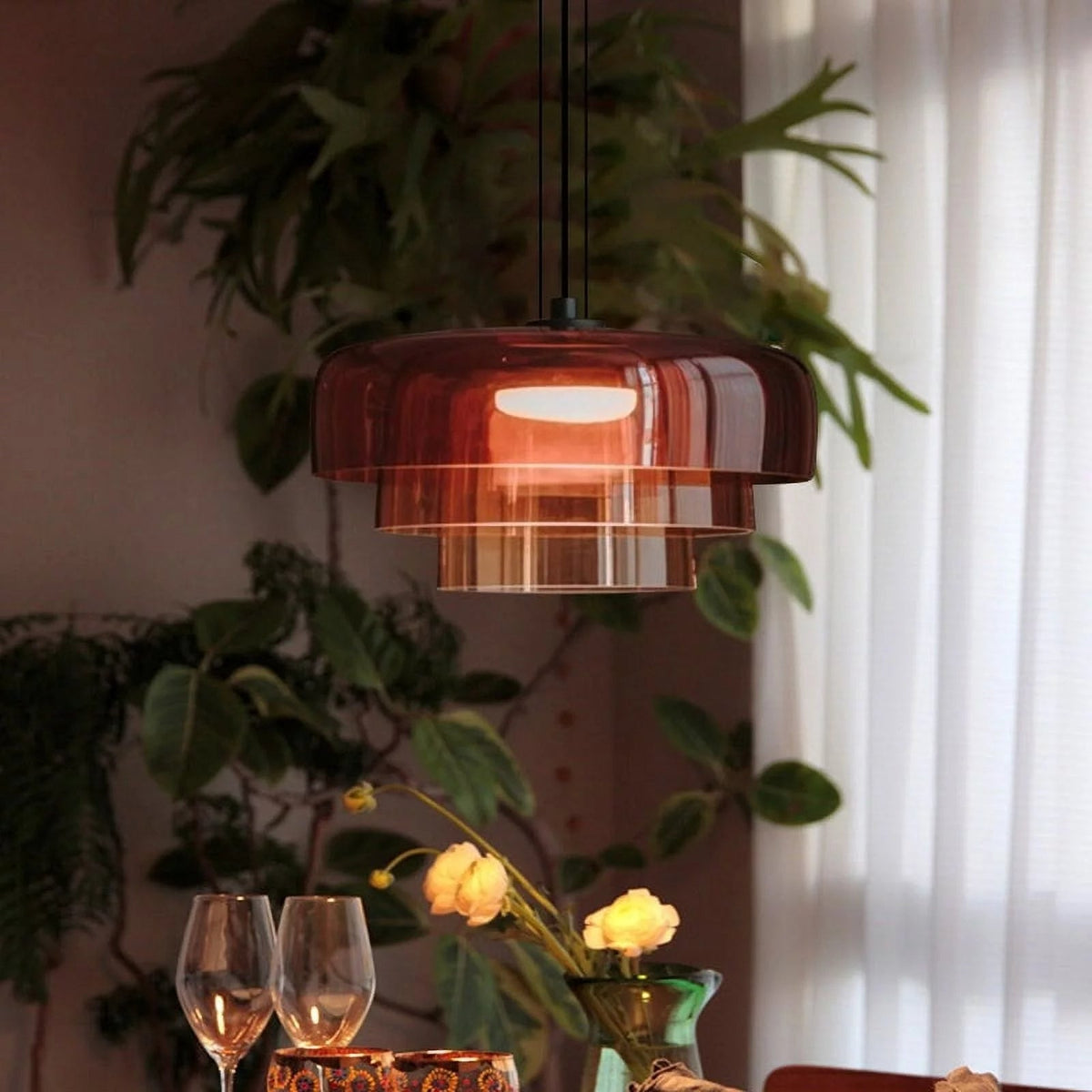 Lampa wisząca szklana, design nordycki, warstwowa, 1, 2 lub 3 poziomy, pomarańczowy, zielony, szary, jadalnia, kuchnia, salon, lampa pendelowa, ciepłe światło LED, regulowana