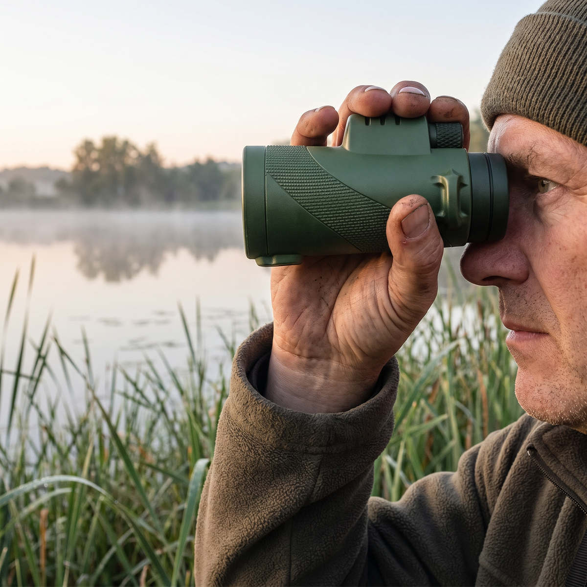 Monoculair in de hand bij het vogels kijken aan een plas