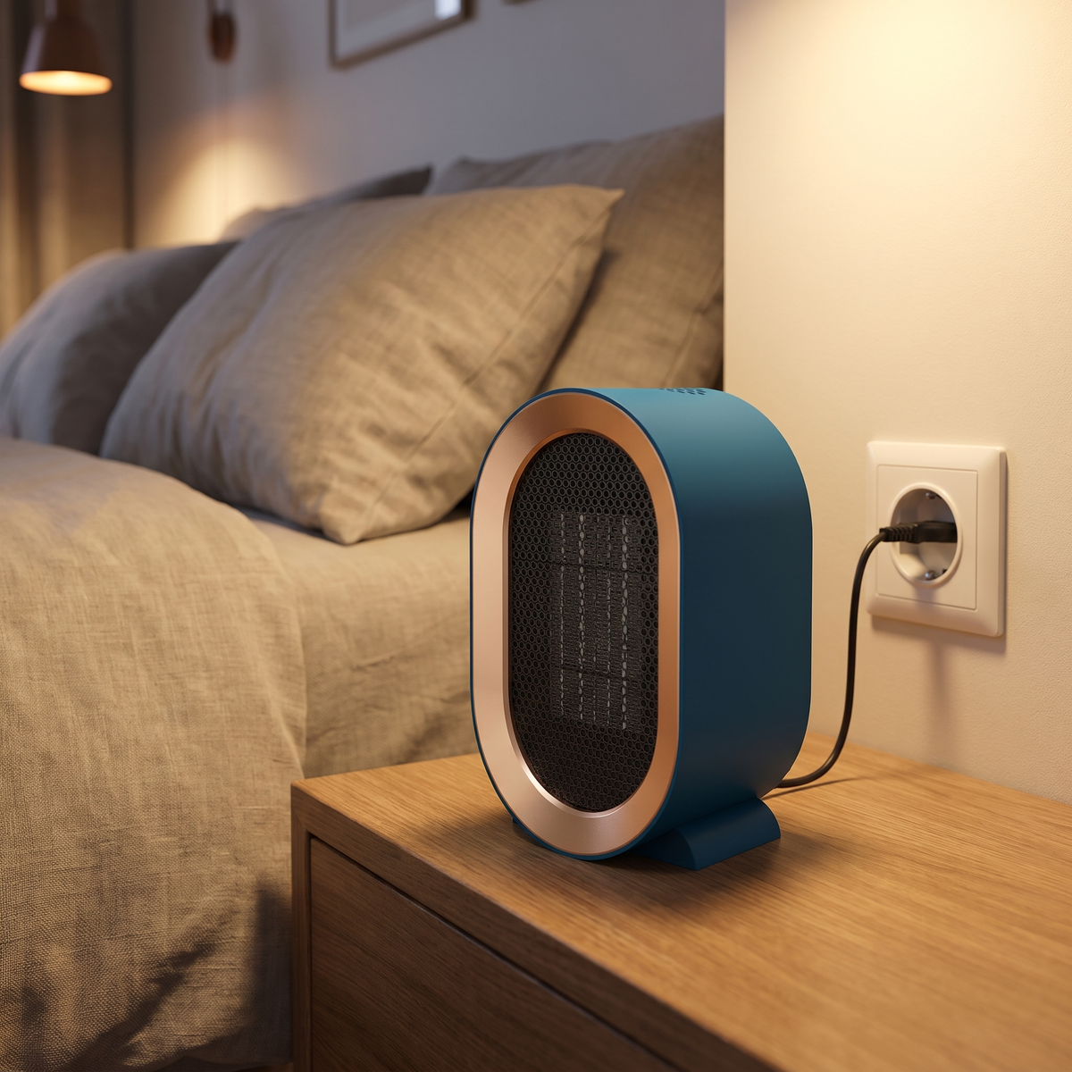 Elektrische keramische kachel stil op nachtkastje in slaapkamer