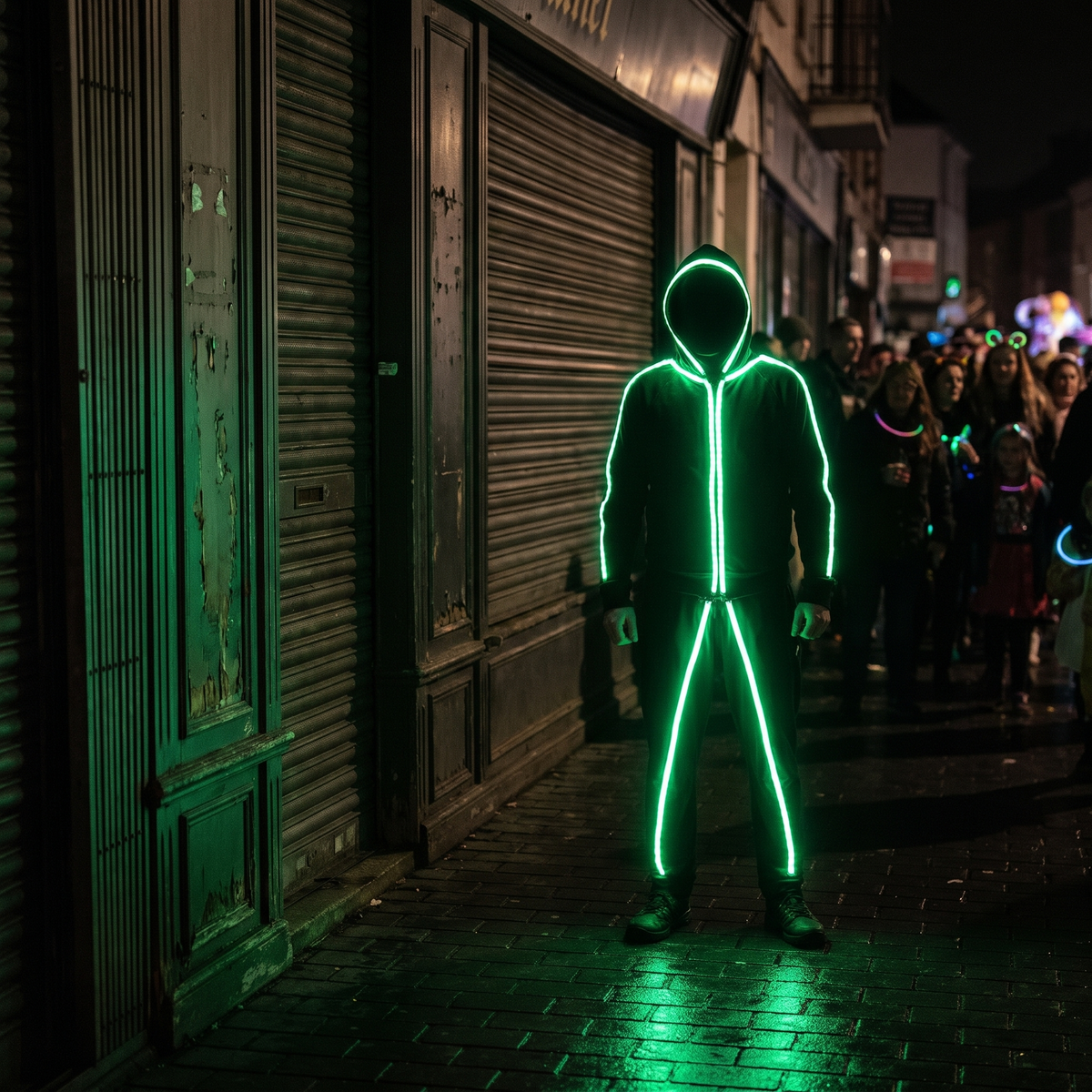 Lichtgevend pak carnaval met LED stokfiguur in donkere straat