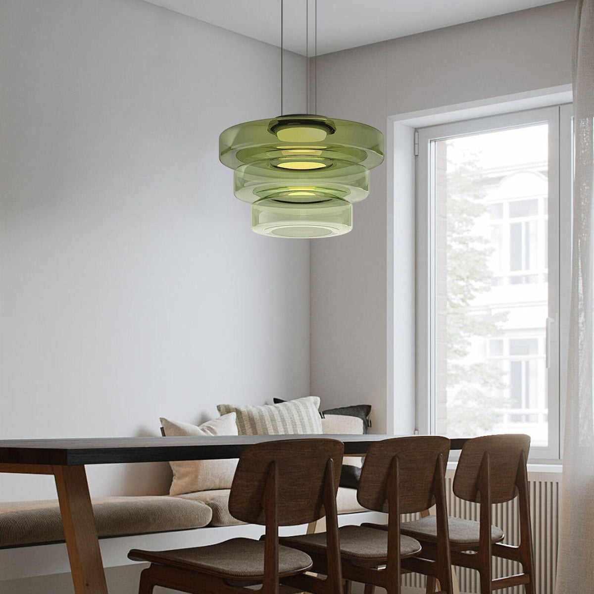 Lámpara colgante de vidrio LED, ámbar, verde y gris, varios niveles, salón, comedor y cocina, plafón moderno, ambiente Bauhaus | Sansoti