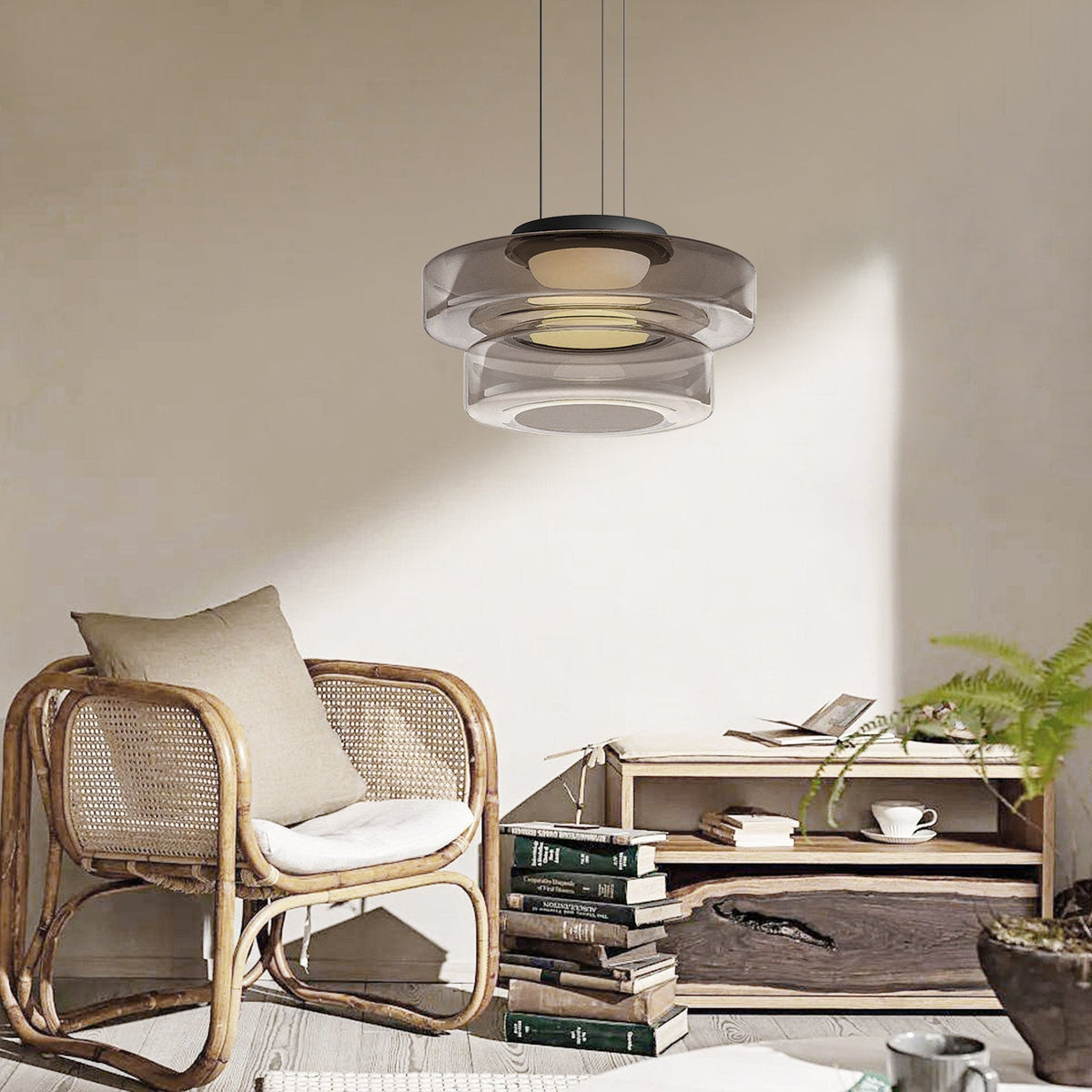 Lámpara colgante de vidrio LED, ámbar, verde y gris, varios niveles, salón, comedor y cocina, plafón moderno, ambiente Bauhaus | Sansoti