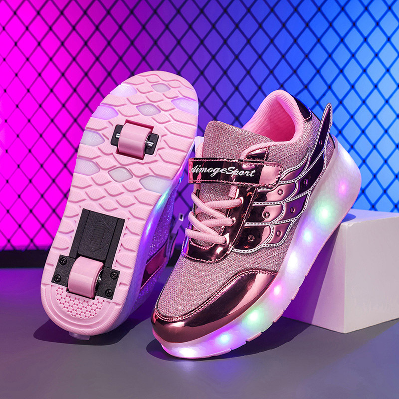 Roller Skate Sneakers USB Rechargeable Pink with Wings Kids Teens Light-Up Roller Shoes LED Sneakers with Wheels for Outdoors | Sansoti