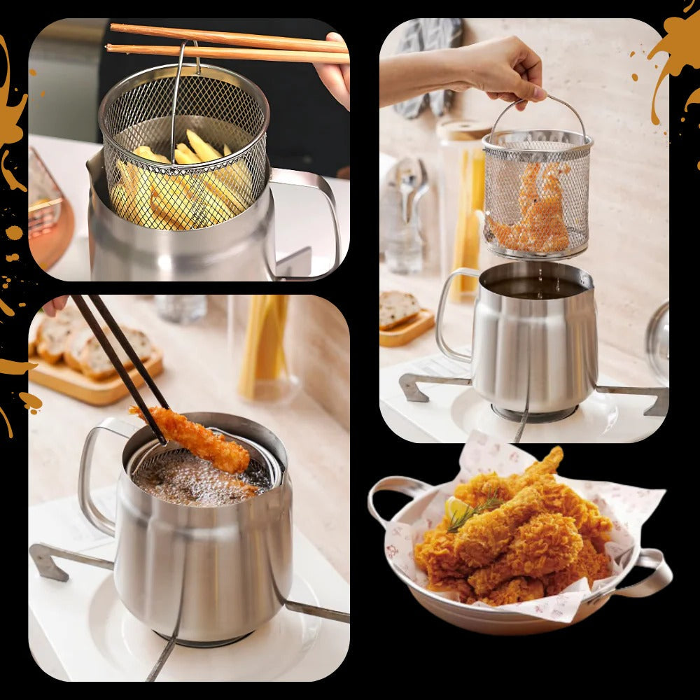 Frying Pan with Integrated Strainer 1.5 L Stainless Steel Oil Filter Fryer Heat-Resistant Handle Kitchen Frying | Sansoti