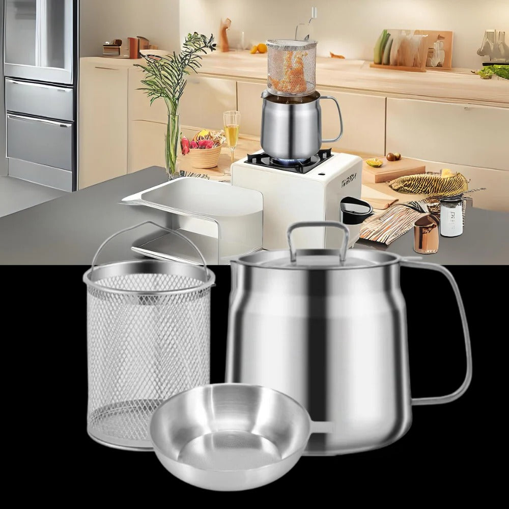 Fritteuse mit integriertem Sieb 1,5 L Edelstahl-Ölfilter-Fritteuse mit hitzebeständigem Griff zum Frittieren in der Küche | Sansoti