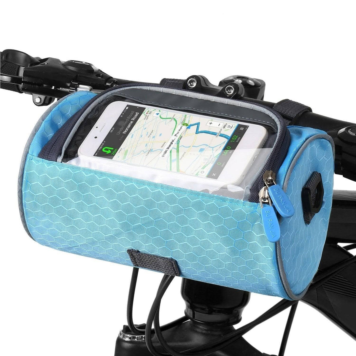Stuurtas fiets met telefoonvenster waterdicht zwart blauw touchscreen bescherming veilig fietsen onderweg | Sansoti