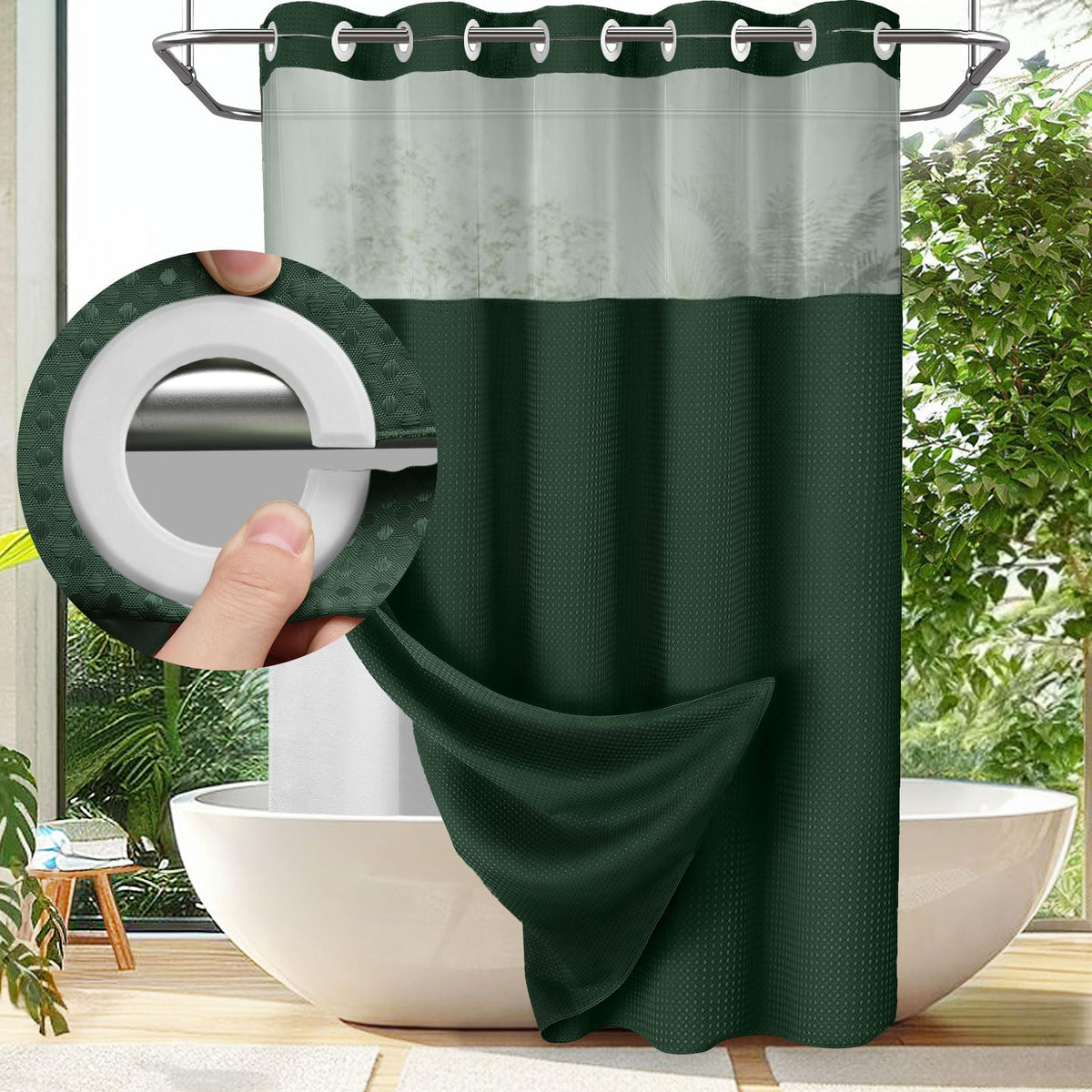 Shower Curtain without Rings with Built-in Liner – Waffle Fabric for Bathroom | Sansoti