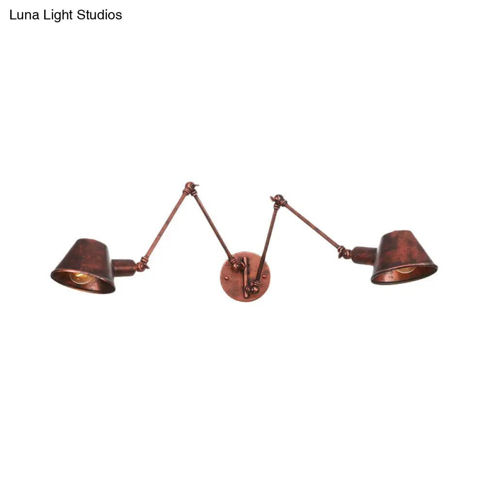 Industrial Wall Lamp with Adjustable Arm Rust-Brown Metal 2-3 Lights Conical Shade E26 E27 Living Room | Sansoti