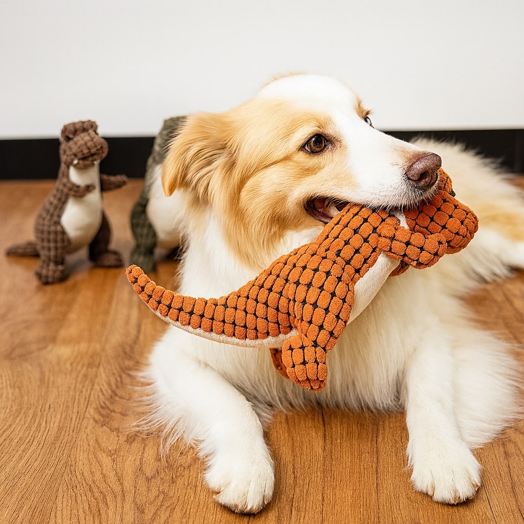 Plush Dog Toy Dinosaur – Sturdy Interactive Chew Toy with Squeaker for Small Dogs – Orange Brown Green | Sansoti