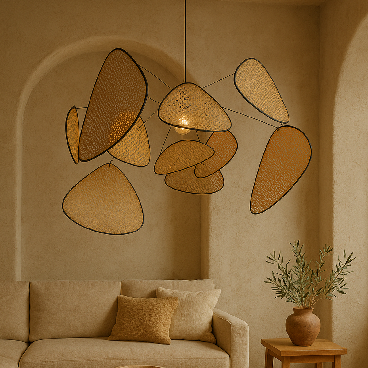 Suspension rotin LED 3000K blanc chaud chambre coin repas design organique rotin éclairage lampe de plafond style naturel | Sansoti