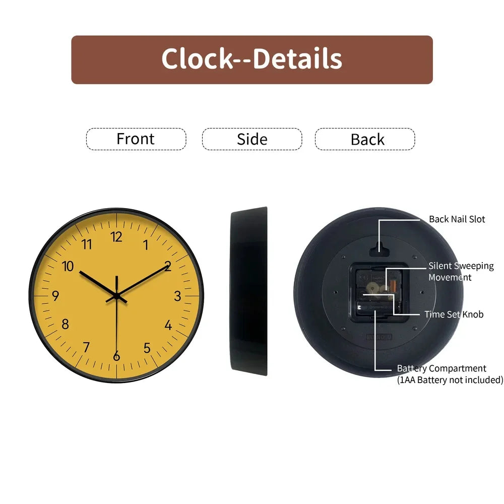 Yellow Wall Clock with Silent Movement, 25–35 cm, Scandinavian Minimalist Analog Design for Living Room, Bedroom, or Kitchen | Sansoti