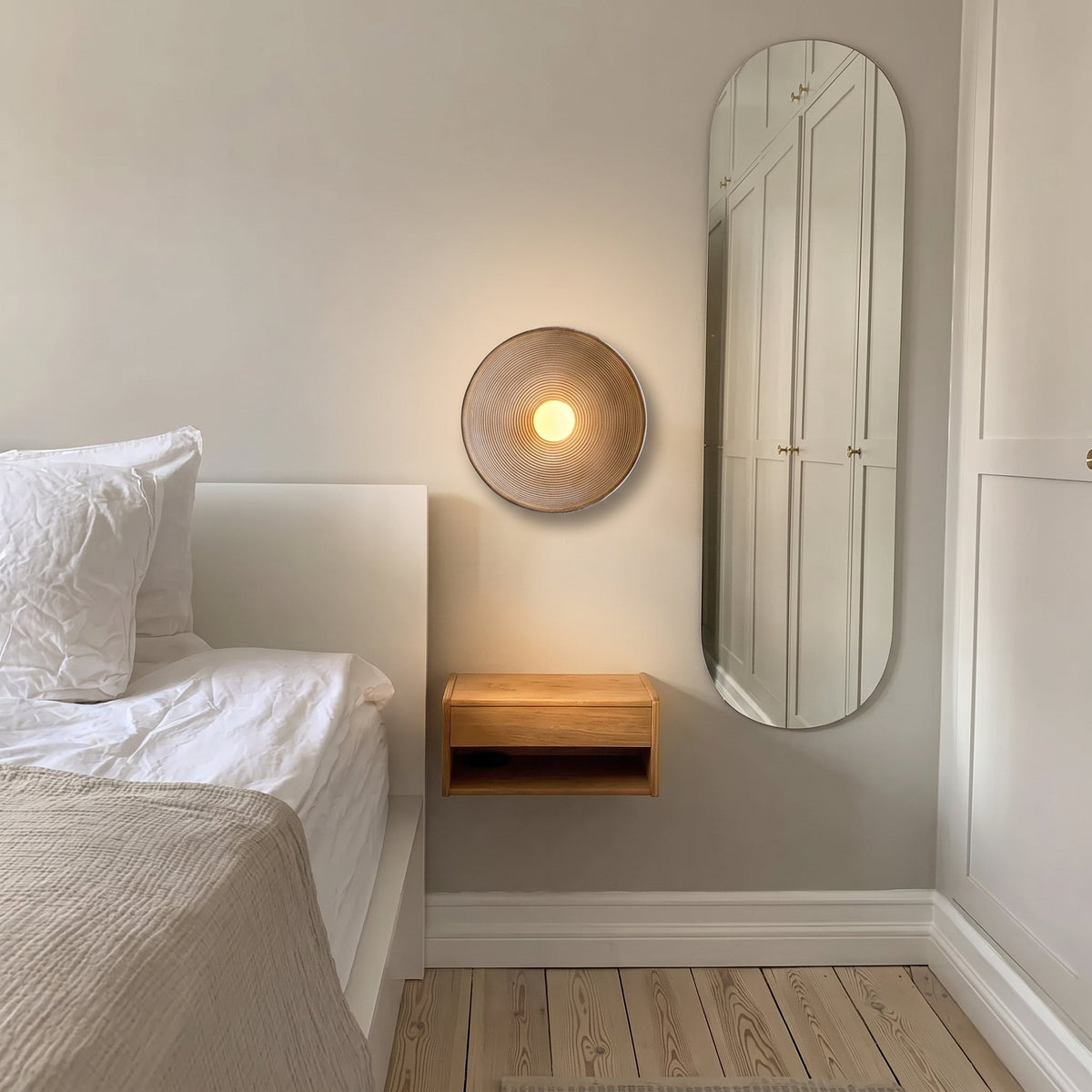 Runde Wandlampe aus Holz und Glas, minimalistisches warmes LED-Licht für Esszimmer und Bar, stimmungsvolle moderne Einrichtung, E27-Fassung | Sansoti