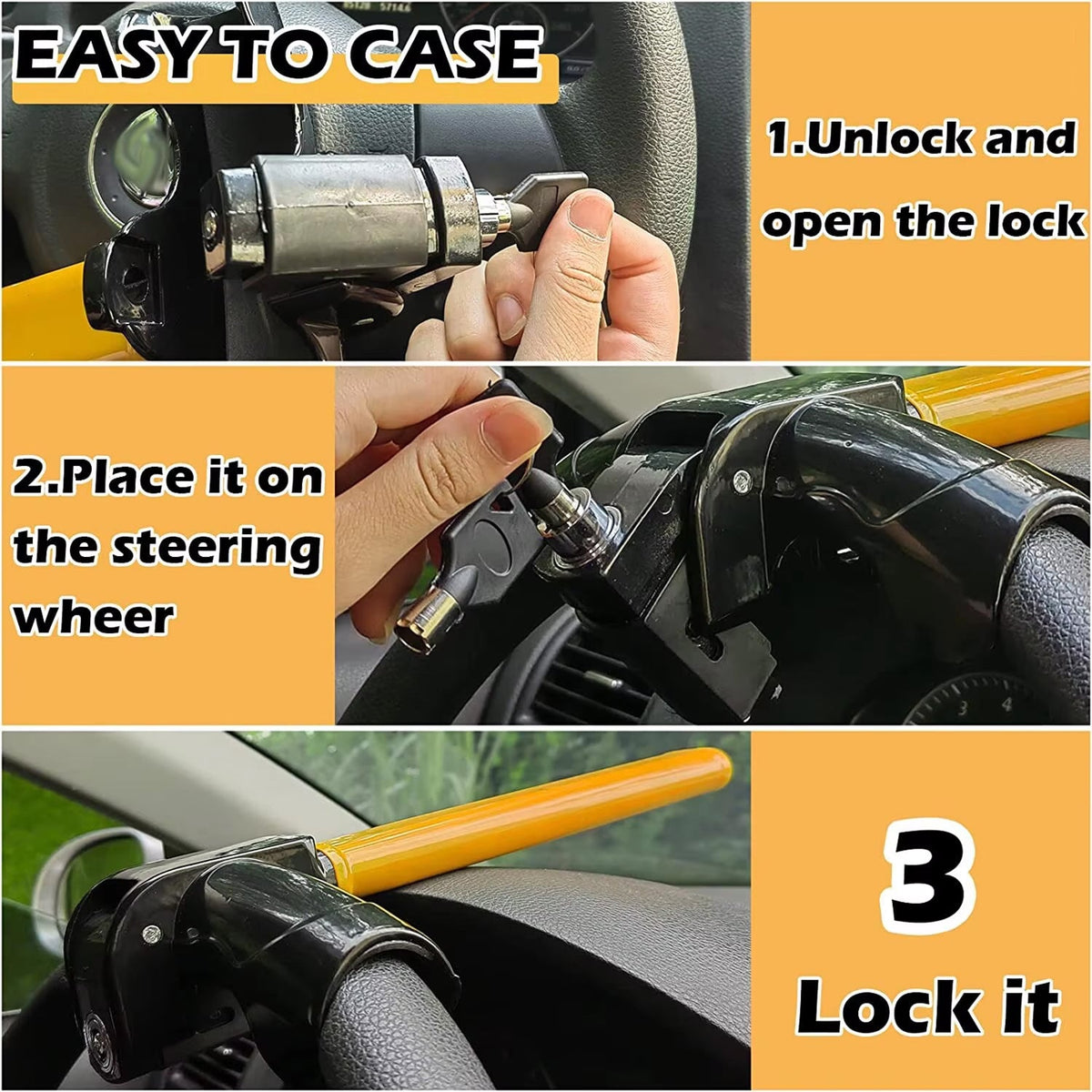 Universal Steering Wheel Lock with T-Bar | Heavy-Duty Iron Construction | Yellow Warning Signal | Theft Protection | Sansoti