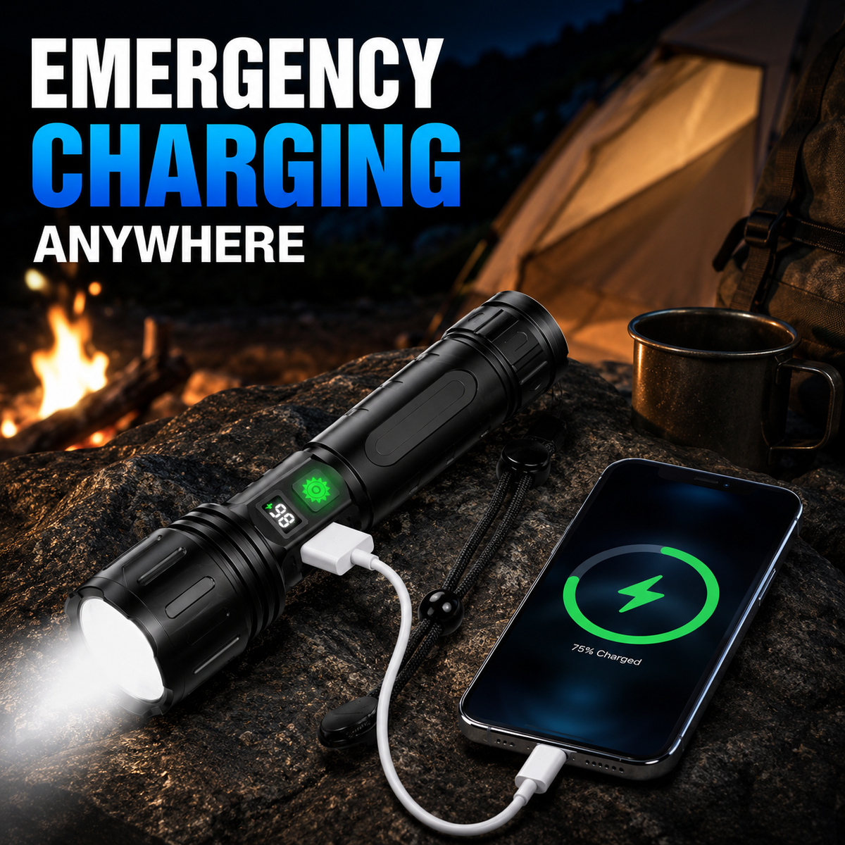 Tactical Flashlight with Rechargeable 5000mAh Battery - Powerful 100000 Lumen LED - Waterproof & Shockproof - With LCD Battery Indicator & Power Bank Function | Sansoti