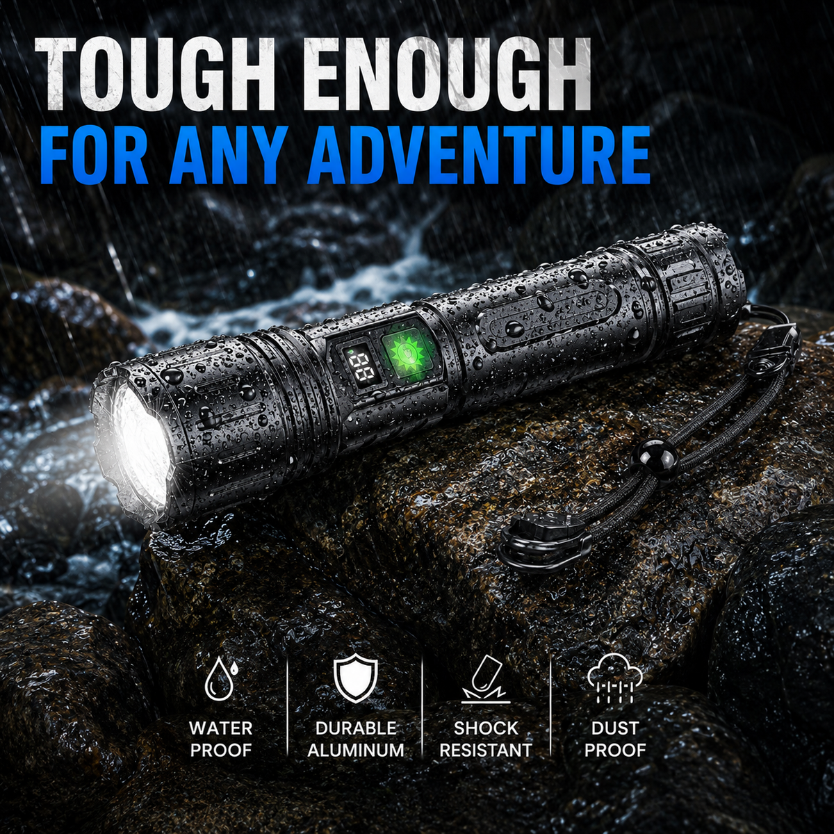 Tactical Flashlight with Rechargeable 5000mAh Battery - Powerful 100000 Lumen LED - Waterproof & Shockproof - With LCD Battery Indicator & Power Bank Function | Sansoti