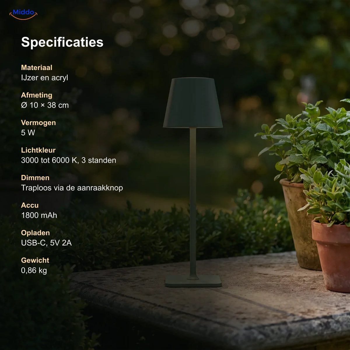 Draagbare LED-lamp Dimbaar Oplaadbaar USB-C IP54 Waterbestendig voor Tafel Binnen Buiten Tuin Terras | Sansoti
