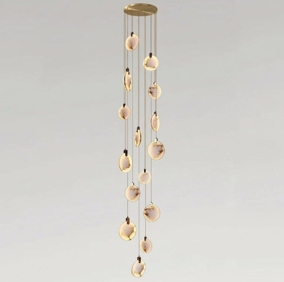 Spiralförmige Alabaster-Gold-Kronleuchter, dimmbar, für hohe Räume, Treppenhäuser, Flure, über dem Tisch, Villen und Eingangsbereiche, LED-Beleuchtung | Sansoti