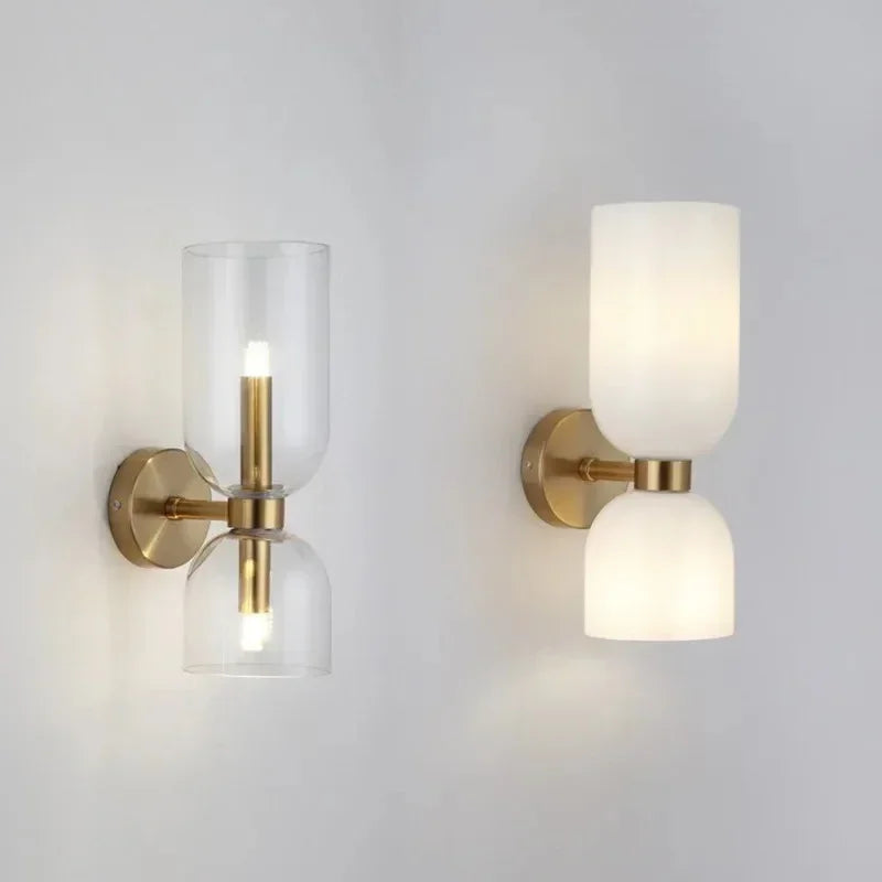 Aplique de vidrio dorado con doble pantalla, 35cm, E14, para recibidor, salón y dormitorio, moderno y elegante | Sansoti